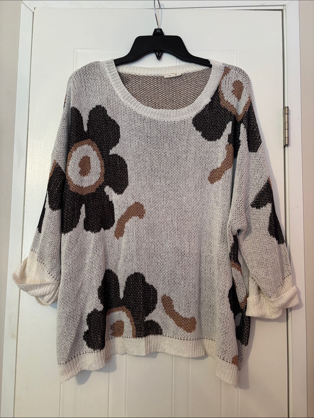 Floral Crewneck Sweater in Cream with Black & Brown Flower Motif